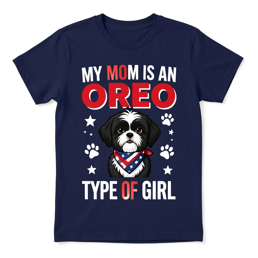 My Mom Is An Oreo Type Of Girl navy dog t-shirt with Shih Tzu cartoon