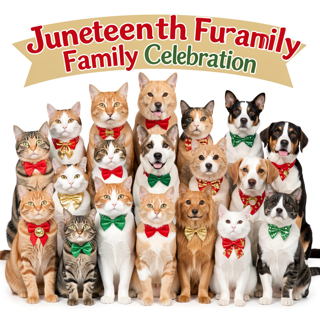 Family photo style cats and dogs celebrating Juneteenth diversity and freedom on premium tee