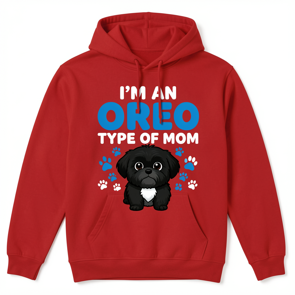 I'm An Oreo Type Of Mom red women's hoodie with black Shih Tzu cartoon