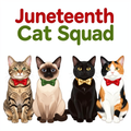 Juneteenth celebration cat design featuring diverse cat breeds in red gold green colors on premium tee