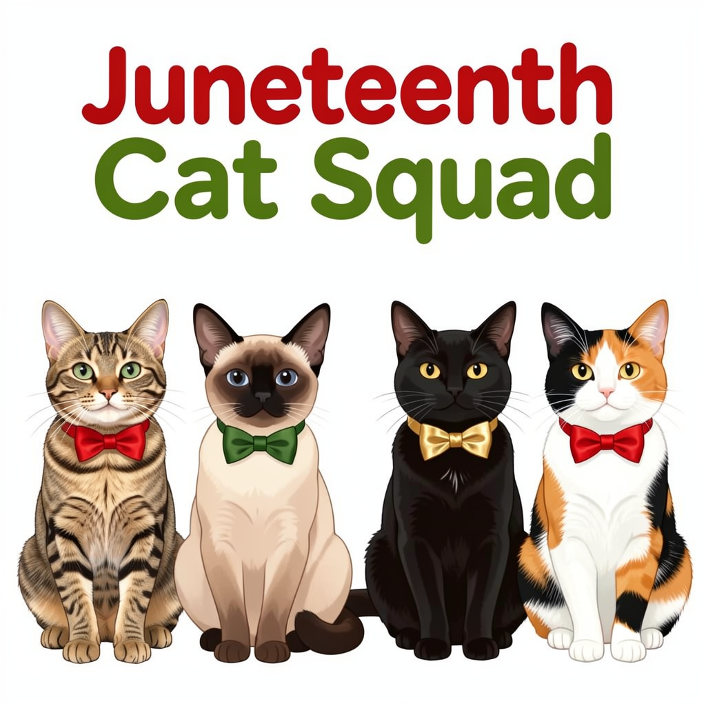 Juneteenth celebration cat design featuring diverse cat breeds in red gold green colors on premium tee
