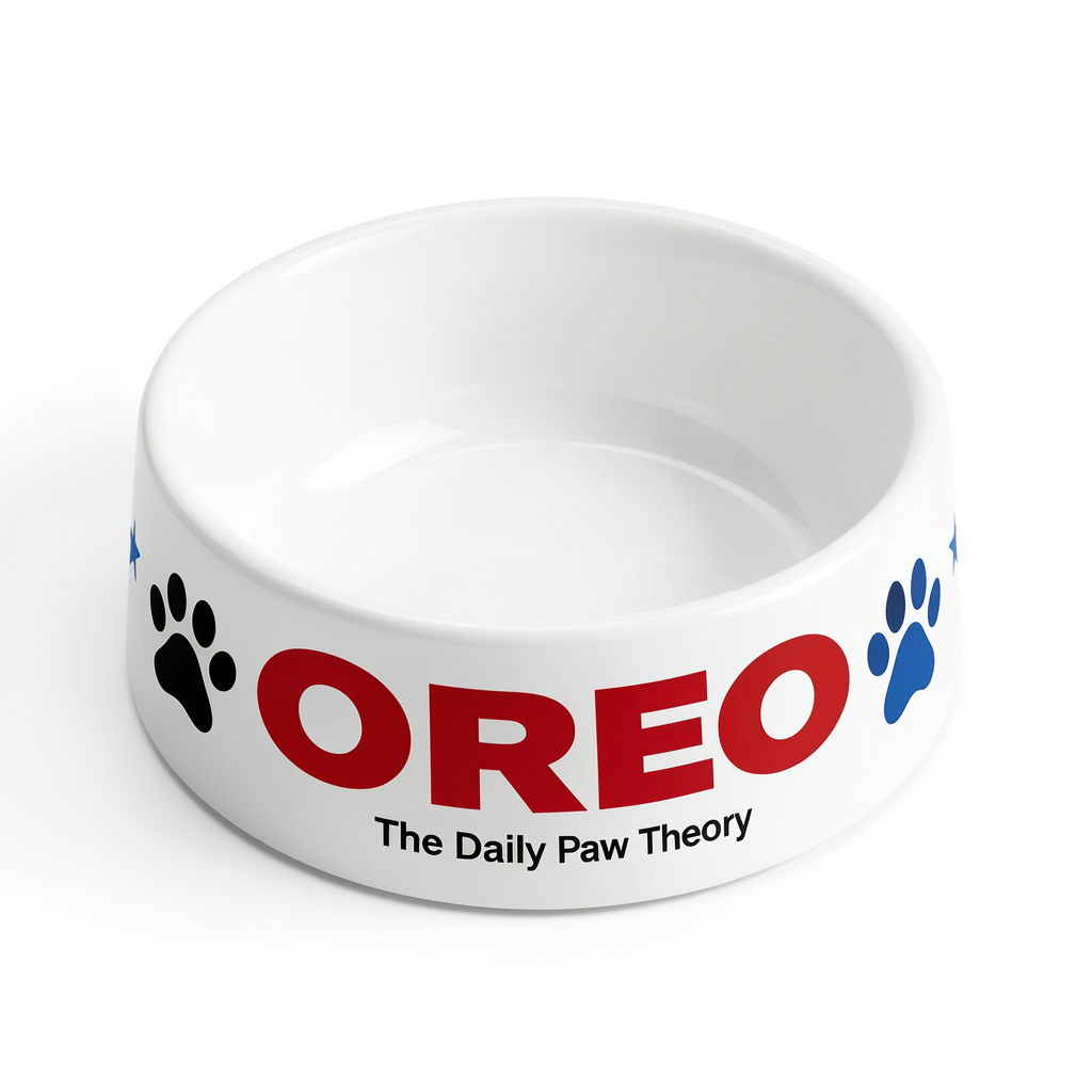 Oreo personalized white ceramic pet bowl with red letters and paw prints