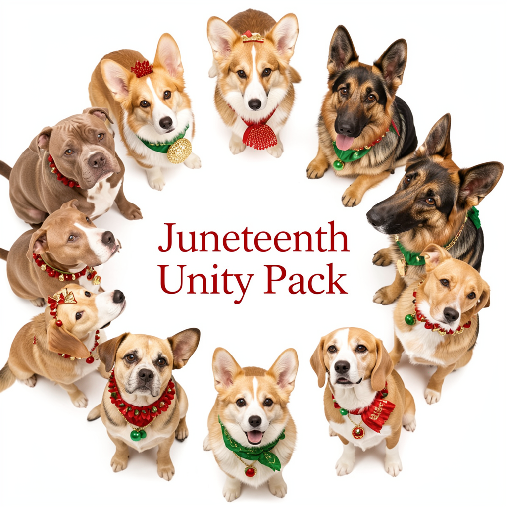 Circle of diverse dog breeds celebrating Juneteenth freedom and unity on premium pet parent tee